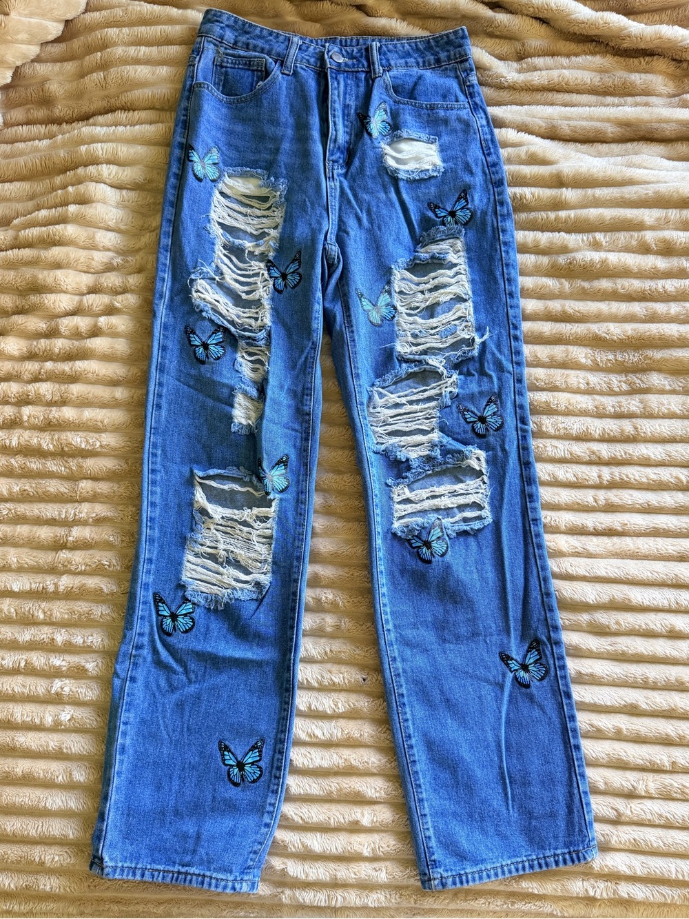 Blue Distressed Butterfly Design Women’s Jeans